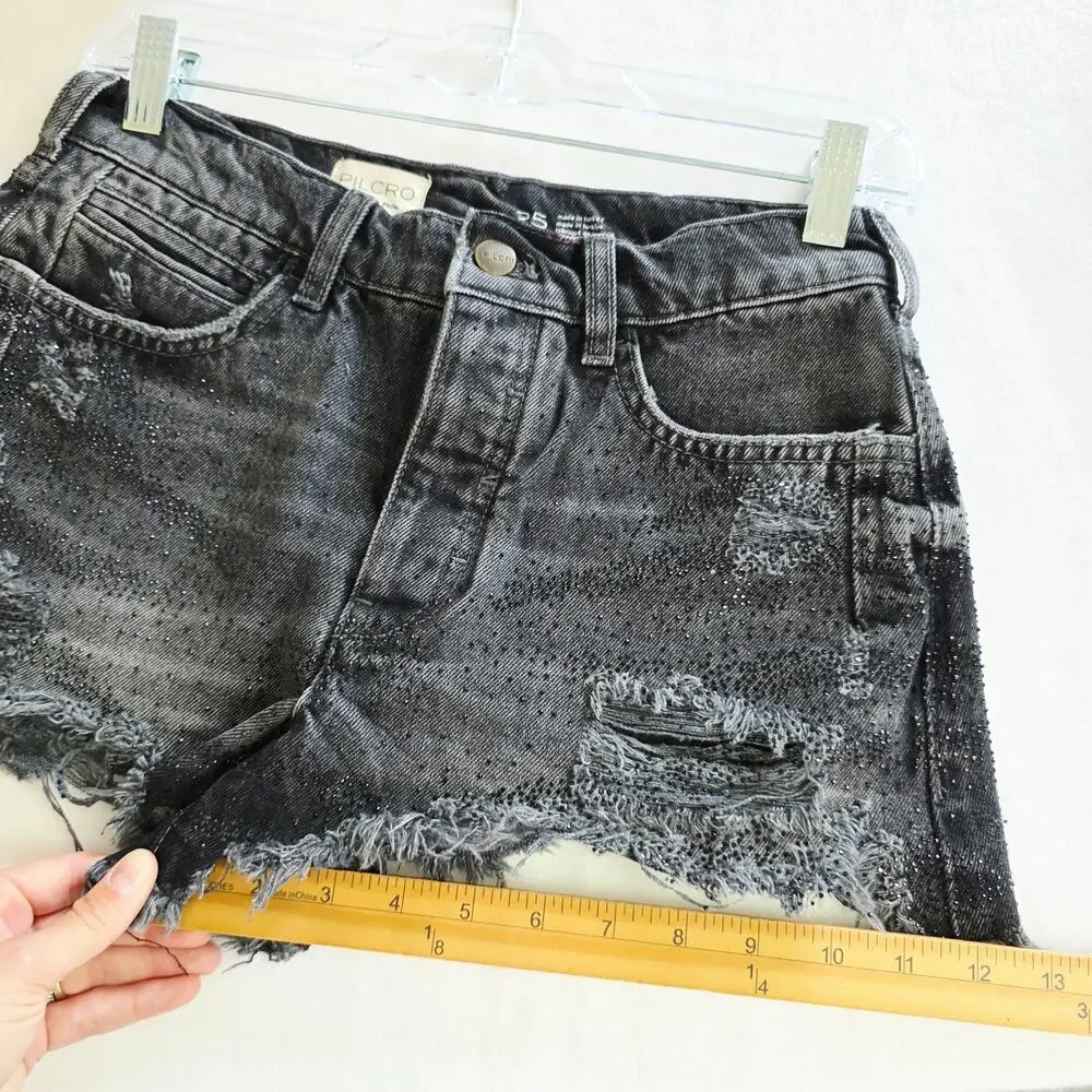 Pilcro Anthropologie Devon Denim Shorts 25 Black Rhinestone Distressed Frayed